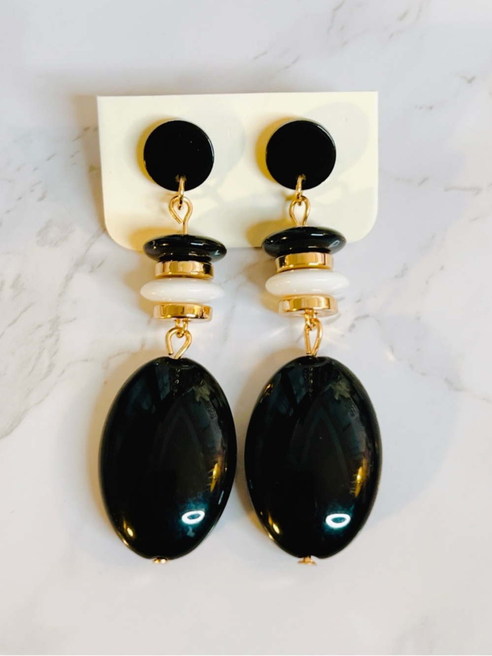 Black White Lucite gold plated 2” oval dangle earrings